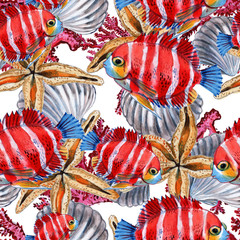 Seamless pattern of sea fish. Sea background. Fish watercolor.