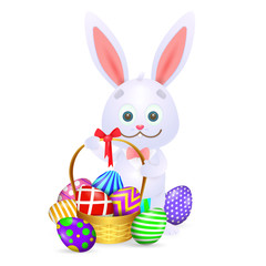 Cartoon Easter rabbit. Cute rabbit with full basket of colorful Easter eggs. Can be used for topics like Easter, festival, decoration