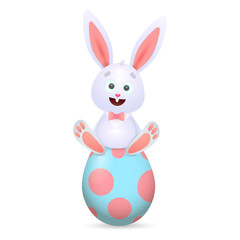 Cute rabbit sitting on egg. Smiling rabbit sitting on colorful Easter egg. Can be used for topics like Easter, festival, decoration