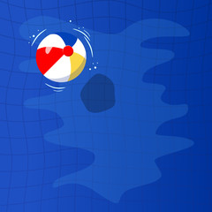 Colorful inflatable ball floating in swimming pool. Top view on water background. Vector illustration in flat style.