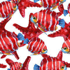 Seamless pattern of sea fish. Sea background. Fish watercolor.