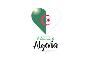 Welcome to Algeria country flag inside love heart creative logo design