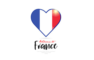Welcome to France country flag inside love heart creative logo design