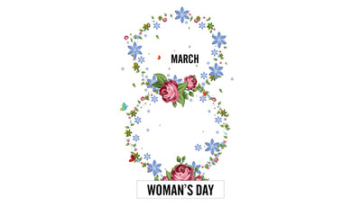 International Women's Day Greeting card with March 8 with frame of flower and leaves , Paper art style. - Vector
