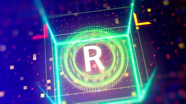 The South African currency rand symbol. Financial and business sign on digital background. 3d animation with bokeh, neon lights.
