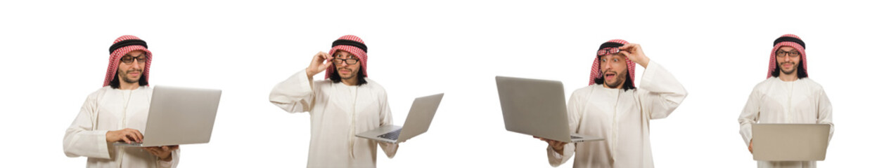 Arab man with laptop isolated on white