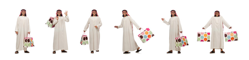 Arab man with shopping bags on white