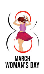 Happy Women's Day greeting card, gift card background with design of a women and text 8th March. - Vector