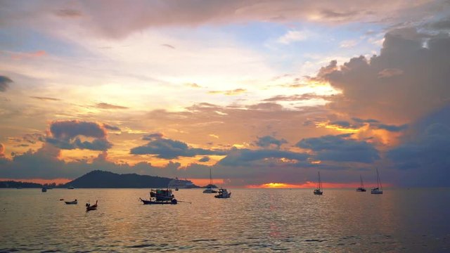 Beautiful Landscape and light of nature in evening with Fishing boats beautiful colors Clouds and sky