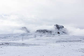 Snow scene on the way across the northern Nyenchen Tanglha Mountains Range from lake Namtso to...