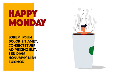Woman/Girl taking bath and relaxing in coffee paper cup. Coffee Drinking Template Design. Monday Coffee