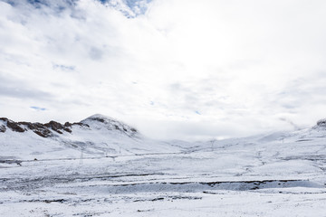 Snow scene on the way across the northern Nyenchen Tanglha Mountains Range from lake Namtso to...