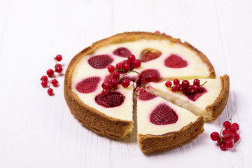 Tasty Berries Pie or Tart Homemade Tart with Strawberries and Cream Horizontal Copy Space Slice of Tasty Pie