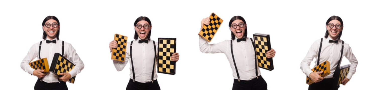 Nerd chess player isolated on white