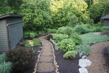 Garden pathway winding through lush garden landscape