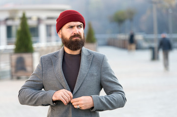 Hipster outfit and hat accessory. Stylish casual outfit spring season. Menswear and male fashion...