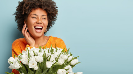 Pretty joyful lady with gentle smile, has Afro haircut, holds white flowers, rejoices having date with boyfriend, isolated over blue studio wall. Woman recieves tulips in honor of Womens day