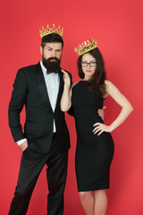 Visiting event or ceremony. Couple ready for award ceremony. Main rules picking clothes. Corporate party. Award ceremony concept. Bearded gentleman wear tuxedo girl elegant dress. Formal dress code
