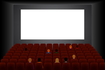 Half empty cinema hall with blank screen. Vector illustration.
