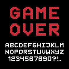 GAME OVER pixelated lettering. Retro 8-bit video game font. Vector.