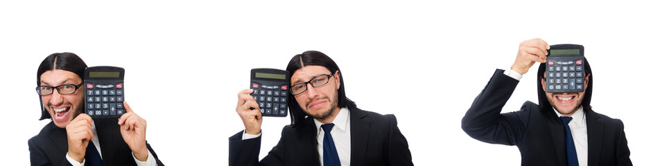 Man with calculator isolated on white