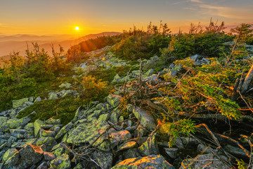 Journey through the mountain ranges and tops of the Ukrainian Carpathians, a tourist with a tent in a beautiful summer weather with fantastic sunrises and sunsets.