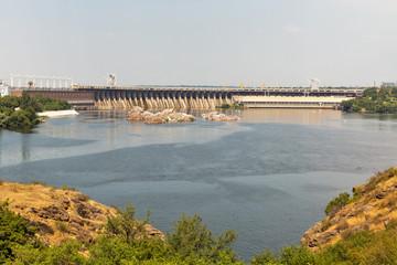 Fototapeta na wymiar Khortytsia island, Dnieper River and hydroelectric power plant. Zaporizhia, Ukraine.