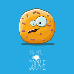 vector funny hand drawn homemade chocolate cookie character isolated on blue background. My name is cookie concept illustration. funky food character or bakery label mascot