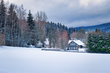 winter mountain landscape with wooden house and trees