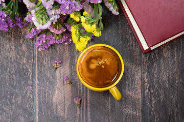 Yellow cup of hot coffee.