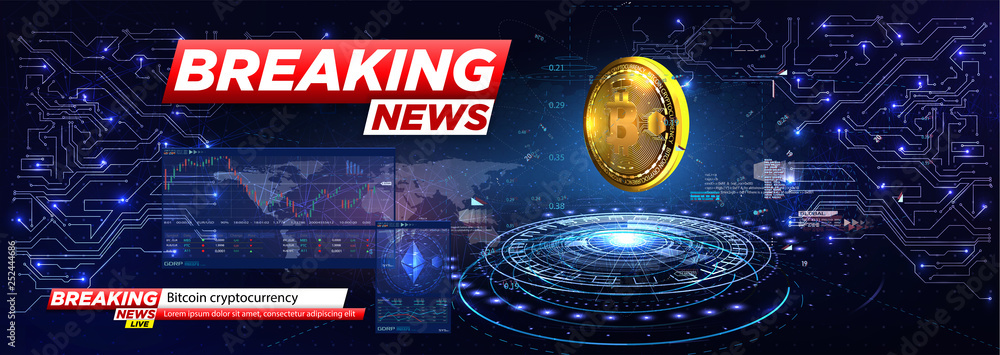 Aufkleber breaking news a cryptocurrency, bitcoin in hud style. icon of bitcoin. realistic bitcoin coin on the