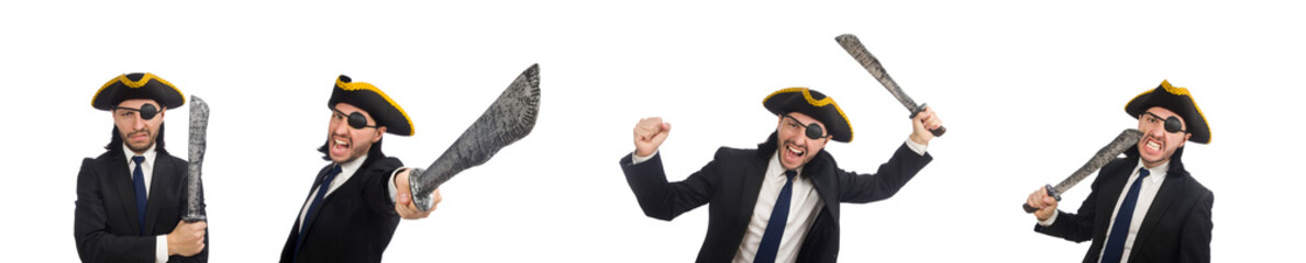 Fototapeta premium Pirate businessman with sabre isolated on white