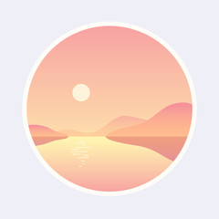 Fantasy sea landscape simple flat style clipart illustration. Futuristic soft colors glowing sunset vector background. Graphic design template for modern banner, poster, flyer and website.