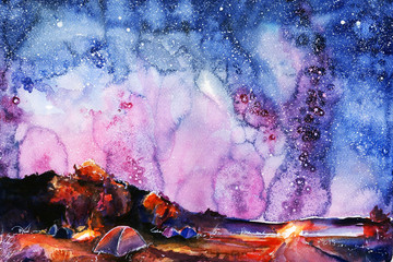 night landscape. Space Starry sky. galaxy. picture on paper. watercolor background