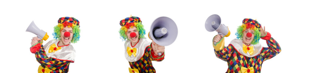 Clown with loudspeaker isolated on white