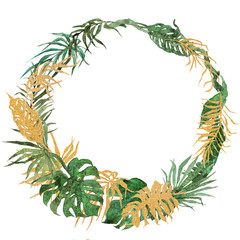 Tropical Exotic Leaves and Branches Isolated on White Background. Juicy summer watercolor palm leaves. Floral Wreath