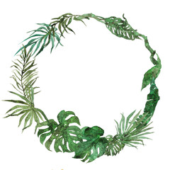 Tropical Exotic Leaves and Branches Isolated on White Background. Juicy summer watercolor palm leaves. Floral Wreath