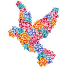 Floral silhouette of a pigeon bird, hand drawn watercolor illustration, made of exotic tropical dahlia flowers in orange,  blue, pink and turquoise colors