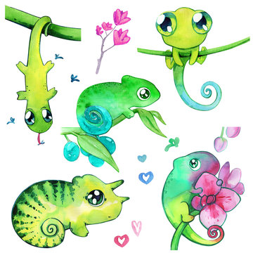 Chameleon cute childish kawaii green watercolor isolated set