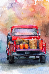autumn harvest. Red car. pumpkin. watercolor