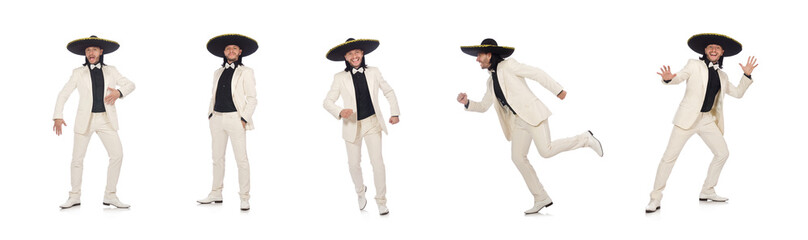 Funny mexican in suit and sombrero isolated on white
