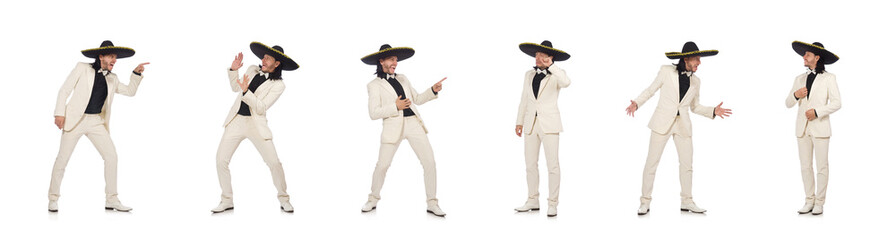 Funny mexican in suit and sombrero isolated on white