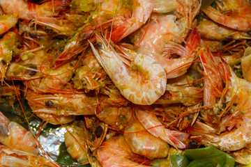 Close-up of baked shrimps. Food background
