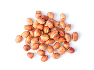 Roasted peanuts isolated on white background. top view