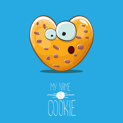 vector funny hand drawn homemade heart shape cookie character isolated on blue background. My name is cookie concept illustration. funky lovely food character or bakery label mascot