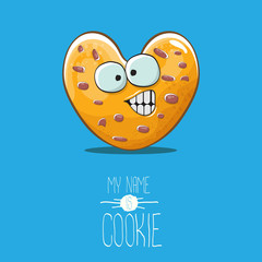 vector funny hand drawn homemade heart shape cookie character isolated on blue background. My name is cookie concept illustration. funky lovely food character or bakery label mascot