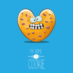 vector funny hand drawn homemade heart shape cookie character isolated on blue background. My name is cookie concept illustration. funky lovely food character or bakery label mascot