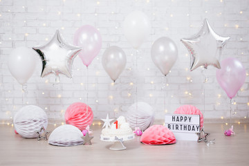 first birthday background - cake, balloons and lightbox with happy birthday text