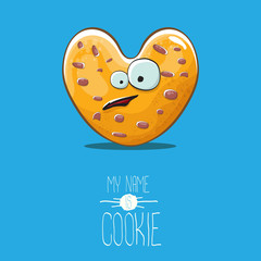 vector funny hand drawn homemade heart shape cookie character isolated on blue background. My name is cookie concept illustration. funky lovely food character or bakery label mascot