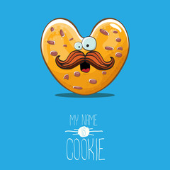 vector funny hand drawn homemade heart shape cookie character isolated on blue background. My name is cookie concept illustration. funky lovely food character or bakery label mascot